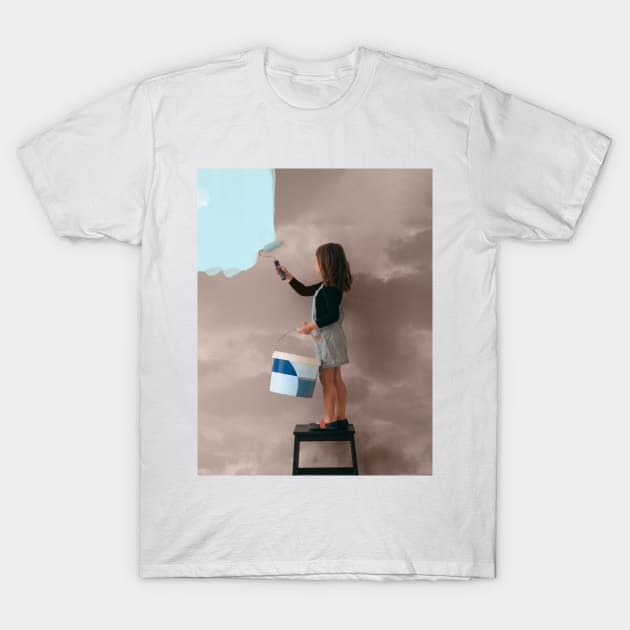 Positive Attitude, Vibes And Mentality Concept Little Girl Uses A Can Of Paint To Color The Wall Of The Room From Cloudy Gray To Clear Blue Sky T-Shirt by ProjectX23 Orange